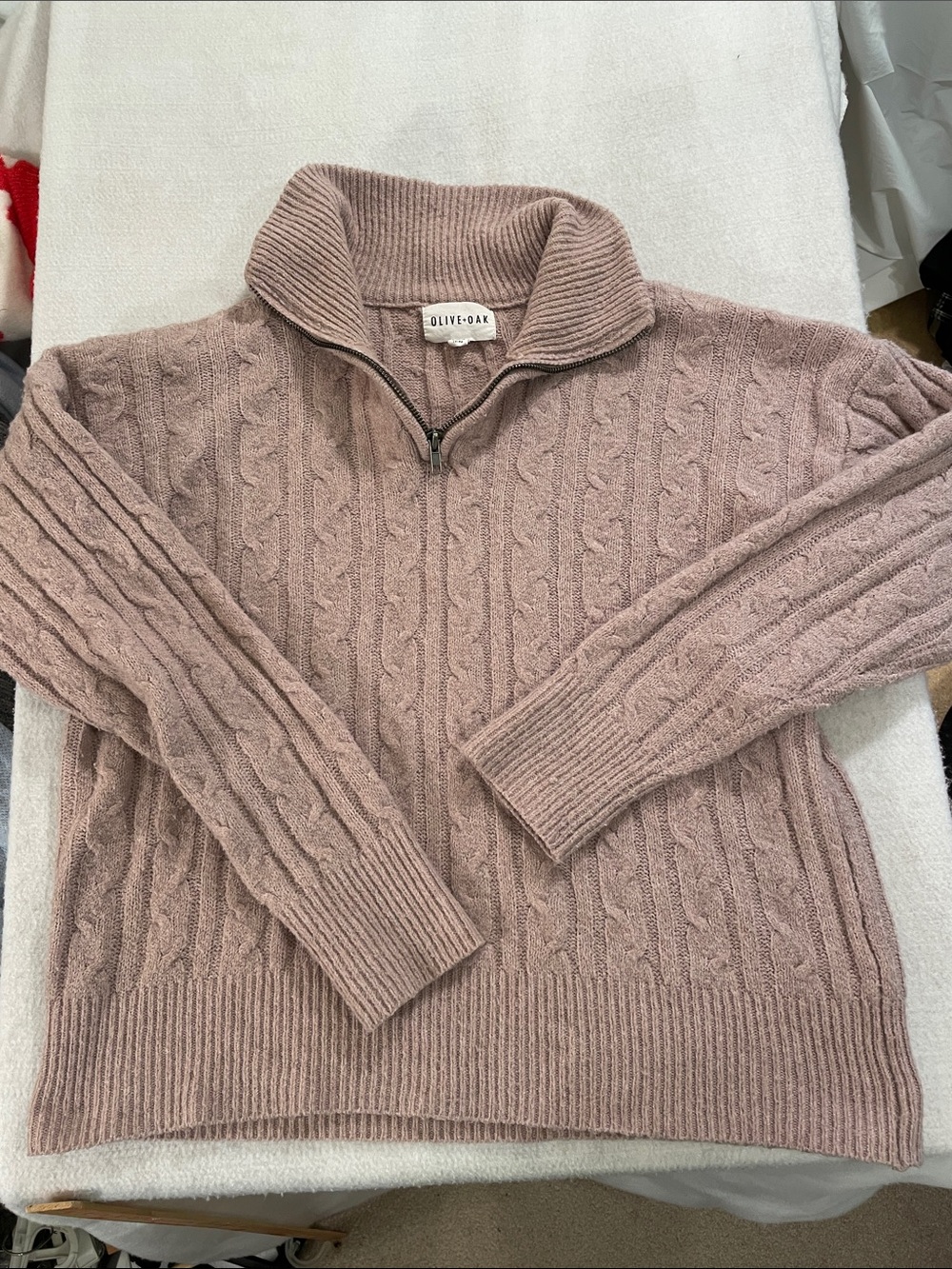 Olive & Oak Cable-Knit Half-Zip Sweater in Dusty Mauve